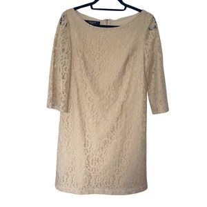 Nine West Dress Beige Blush Lace Overlay Knee Length 3/4 Sleeve Zip Back Sz10